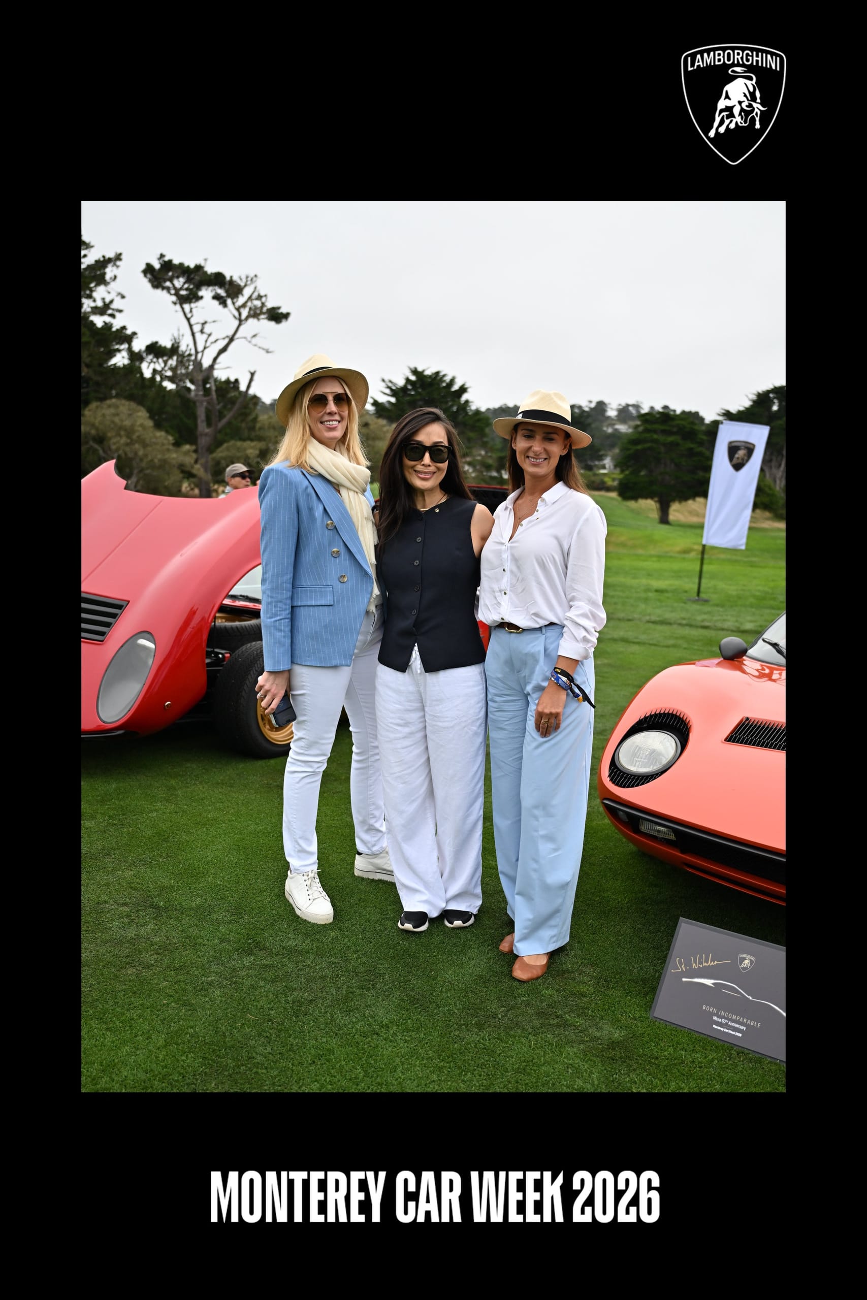 3 guests posing between heritage Lamborghini Miuras, framed with Lamborghini and Monterey Car Week 2026 branding