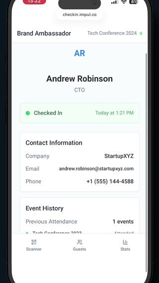 Impulse check-in app showing a guest profile marked Checked In, with scanner, guests and stats tabs