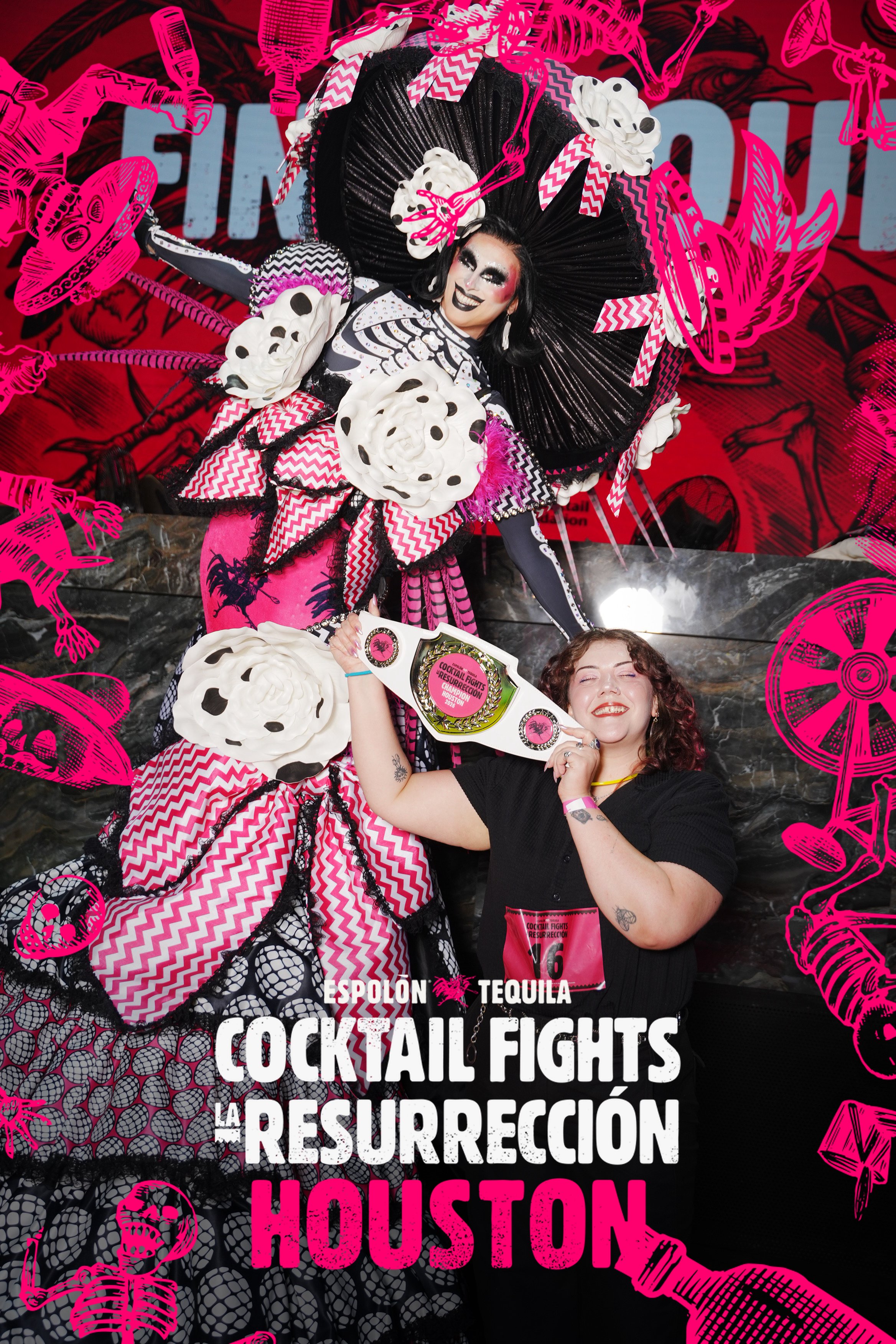 Guests posing with a Cocktail Fights Houston branded photo frame